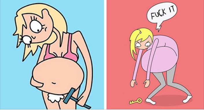 Vtipné obrázky zobrazujú každodenné problémy tehotných mamičiek. Našli ste a v nich?